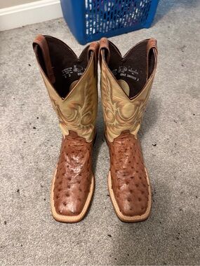 Trinity Men's Brown Ostrich Foot Cowboy Boots with Cream Embroidered Shaft